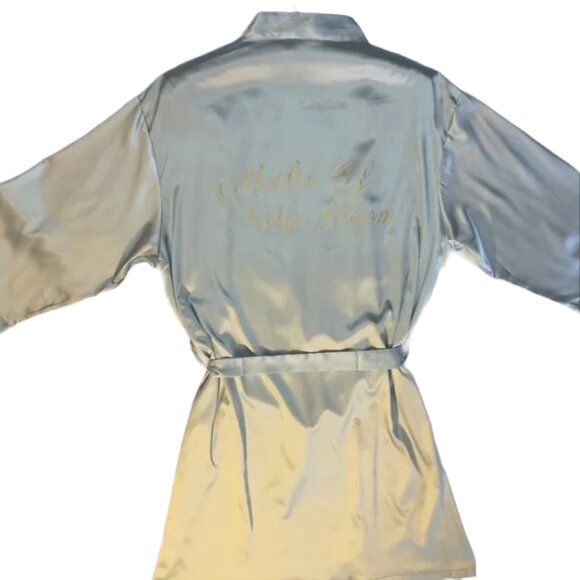 "Mother Of The Groom" Light Blue Satin Kimono with Gold Glitter Writing One Size - Picture 4 of 16